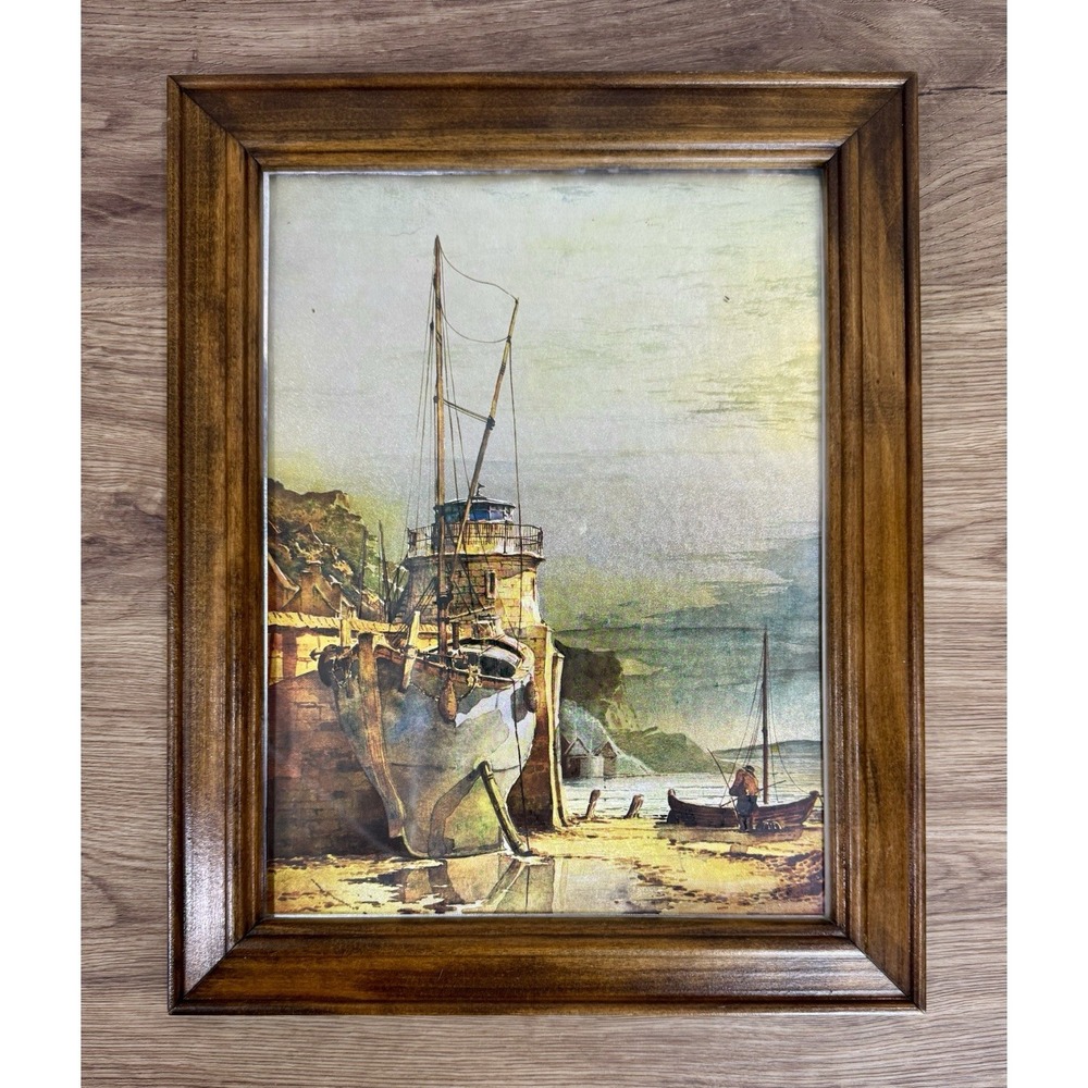 Vintage Metallic Foil Harbor Sailboat Seascape Print Maritime Coastal Wood 12x15